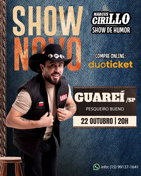 Cartaz do Show Novo de Marcus Cirillo, show de humor no Pesqueiro Bueno em Guareí, 22 de outubro às 20h, ingressos na Duoticket